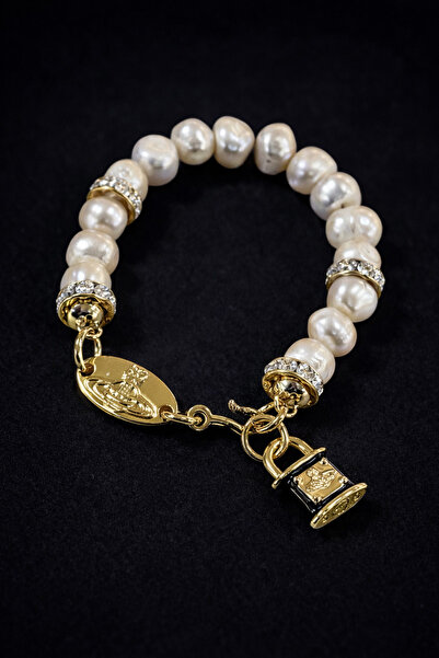 Tasarım Pembe Tatlı Su İnci Bileklik – Gold Çelik Kilit Charm Detaylı Kadın B...