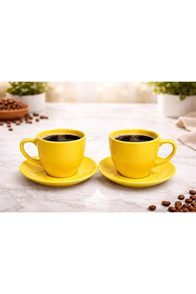 2 Kişilik Sarı Kahve Fincanı Seti – Tabaklı Modern Kahve Fincanı Takımı – Şık Kahve Fincanı