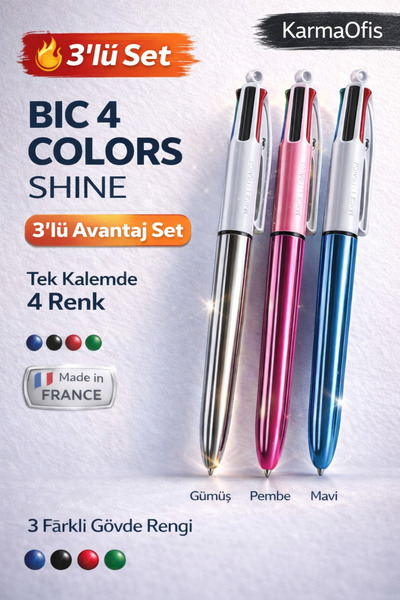 Bic 4 Colors Shine 3'lü Set Tükenmez Kalem–4 Renkli Kalem (Mavi, Siyah, Kırmı...