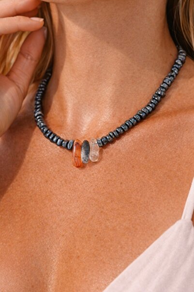 By Song Aksesuar Hematite Natural Stone Necklace with Rutile Quartz