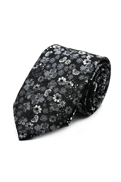 Sade Kravat Siyah Gri Beyaz Çiçek Desenli Kravat 33228 Siyah