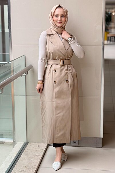 Nurcan Çetin Kruvaze Yaka Kuşaklı Kolsuz Trençkot