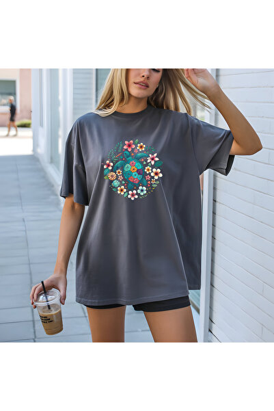 SUNFREE Summer Deni̇z B Printed Anthracite Crew Neck O Oversized Combed Cotto...