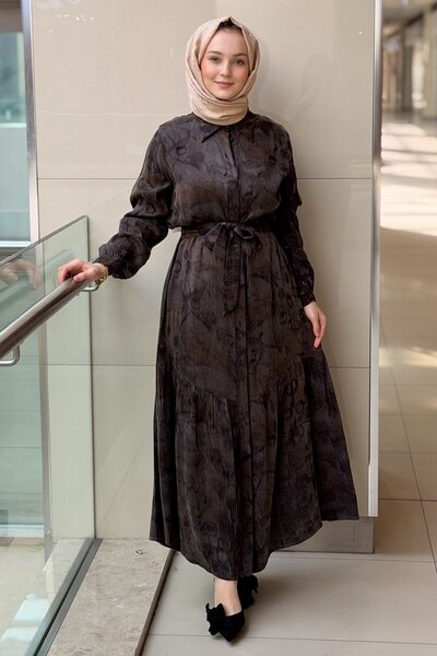 Nuss Desenli Kuşaklı Gömlek Elbise