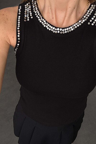 5in1Canpolat Μαύρο εσώρουχο με πέτρες στο γιακά και στα μανίκια 18162