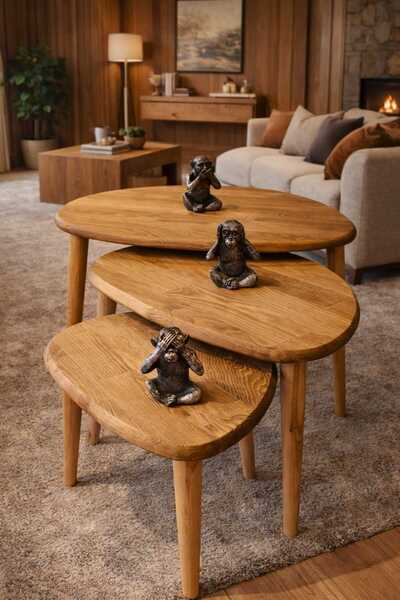 Senka Wood Damla Masif Doğal Ahşap Zigon Sehpa 3'lü Set