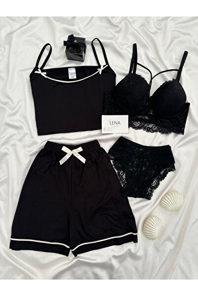 Lena Homewears Women's Underwear F Bow Detail Shorts Pajama Set