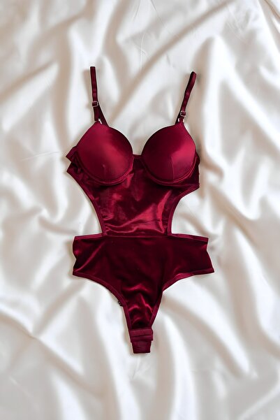Luvensa Bordo Kadife Dolgulu Çıtçıtlı Bodysuit Babydoll