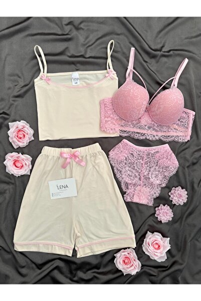 Lena Homewears Ženska F Sa mašnom pidžama sa donjim vešom i šortama