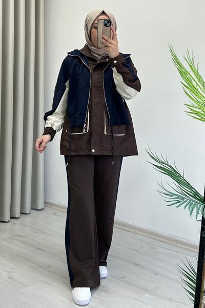 T Moda Store Ecru Tex Stripe and Hooded Detailed Sport Design Set