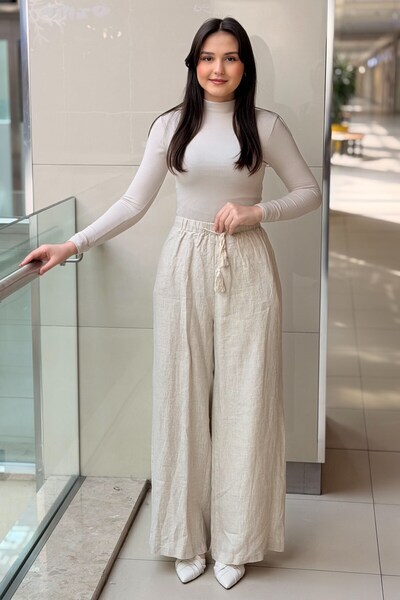 FUAT GÜRSEN Fuat Gürşen Beli İpli Lastikli Astarlı Keten Pantolon