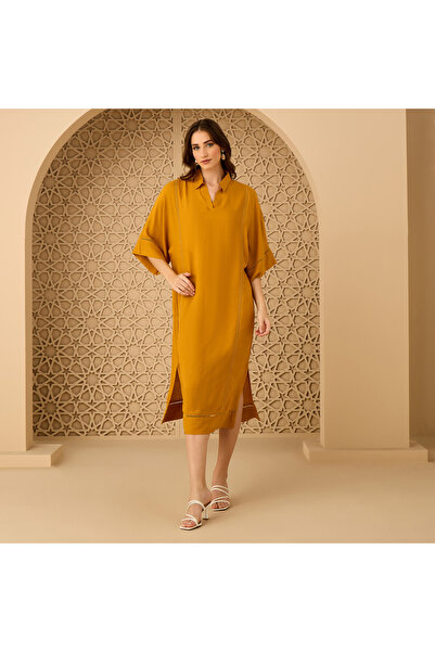 Generic Linen Blend Kaftan Dress with Ladder Lace Detail