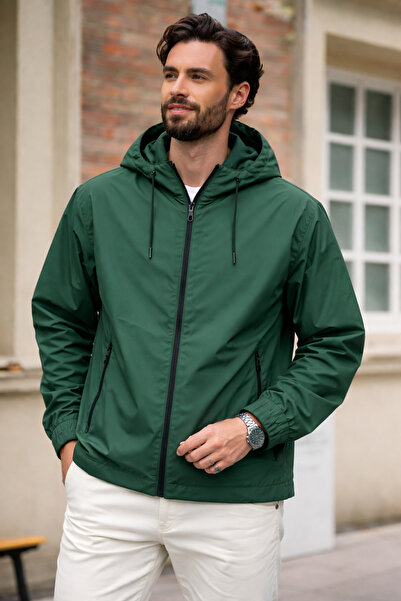 DAMGA JEANS Men's Trend Green Zippered Raincoat