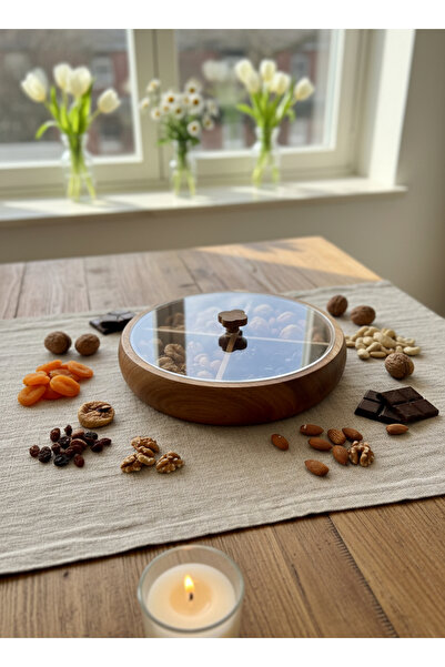 moontime alaçatı Yuvarlak 4 Gözlü Akasya Çerezlik ve Takı Kutusu 25,5 cm