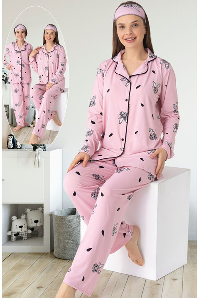 ANGEL VALESKA Rabbit Patterned Buttons Long Sleeve Mother Daughter Pajama Set