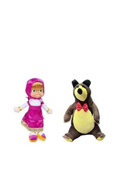 MASHASHOP Set of 2 Plush Toys, Masha and the Bear Misha, Multicolor/Pink, 25 cm