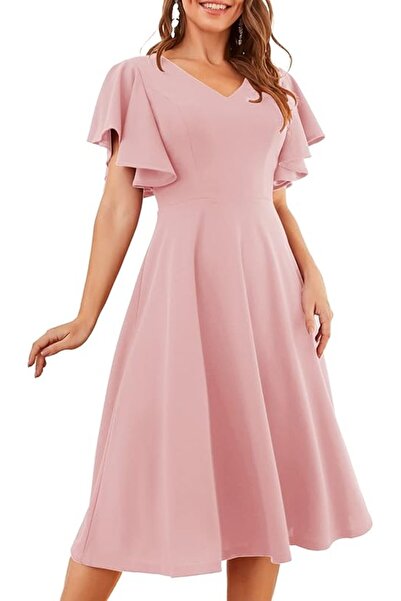 Dotail Φόρεμα μίντι για παρανυφάκια, Α-γραμμή, φουσκωτά μανίκια, λαιμόκοψη V,...