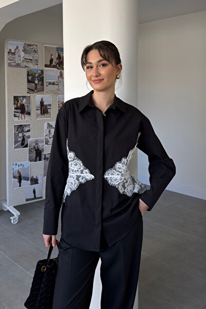 MAGARDE Čipka Detaljna Na vezivanje Košulja - CRNA