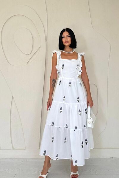 Hiccup Janes Floral Ruffle Square Neck Midi Dress