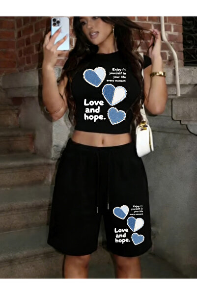 NOISSEY Love and Hope Heart Print Crop Tricou Pantaloni Vară Set din două pie...