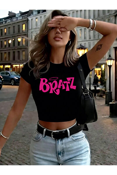 NOISSEY Topuri crop cu imprimeuri cu litere Bratz roz Y2K, îmbrăcăminte de st...