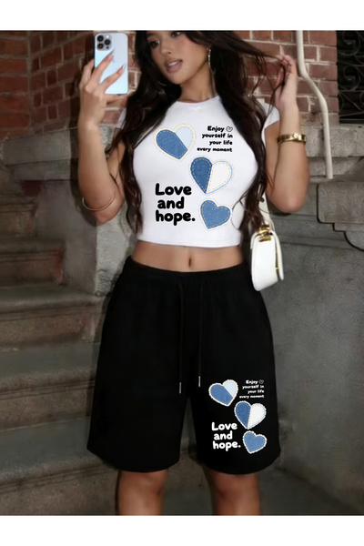 NOISSEY Love and Hope Heart Print Crop Tricou Pantaloni Vară Set din două pie...