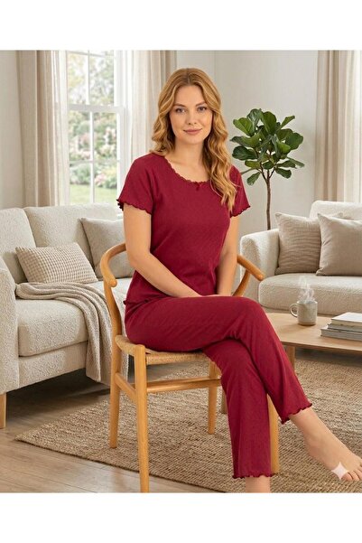 İpek Women's Short Sleeve Crew Neck 100% Cotton Solid Color Corded Fabric Paj...