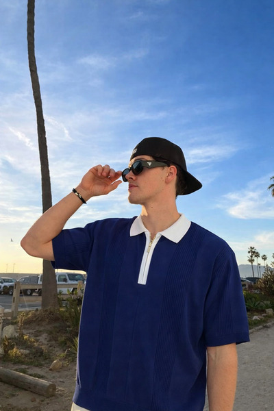 DAMGA JEANS Ανδρικό μπλουζάκι με λαιμόκοψη πόλο σε μπλε ναυτικό χρώμα με Ριγέ...