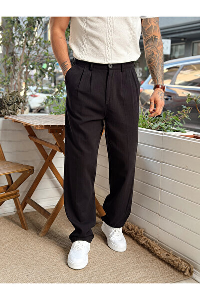 manch collection Pleated Baggy Linen Trousers Black