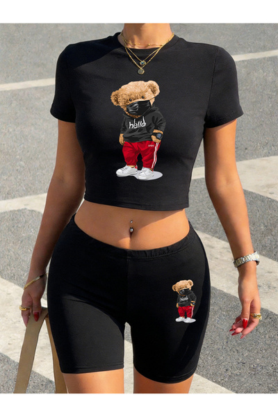 NOISSEY تي شيرت صيفي مكون من قطعتين للنساء يرتدي قناعًا على شكل دب، مطبوع قطع...