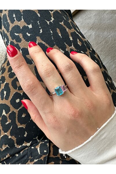 ringbox Silver Color Blue Double Rectangular Ring