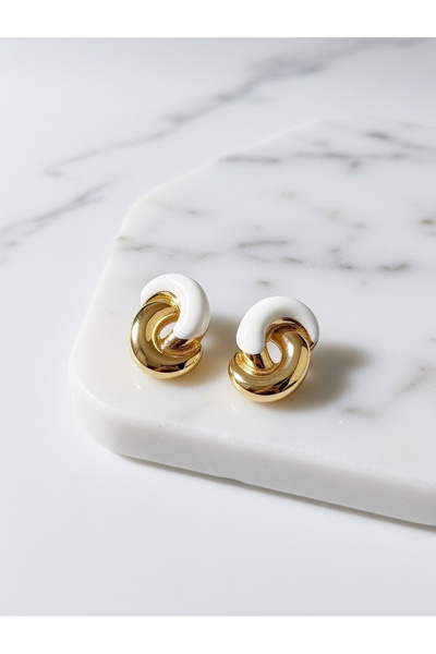 ahsenaksesuar2025 White Knot Model Gold Color Enamel Knot Shaped Earrings - S...