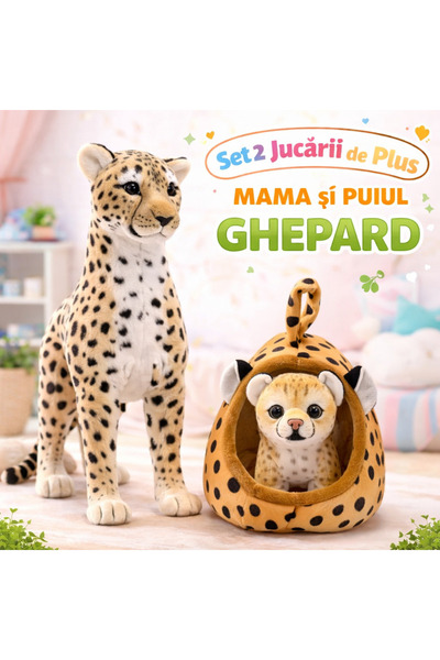 OEM Set de pluș ghepard pufos – Mamă și pui (30/20 cm)