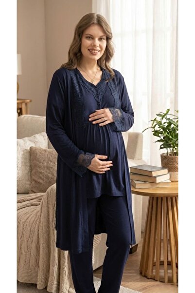 Lohussa Yenisezon Navy Blue Lace Embroidered Summer 100% P Cotton Buttoned Ma...