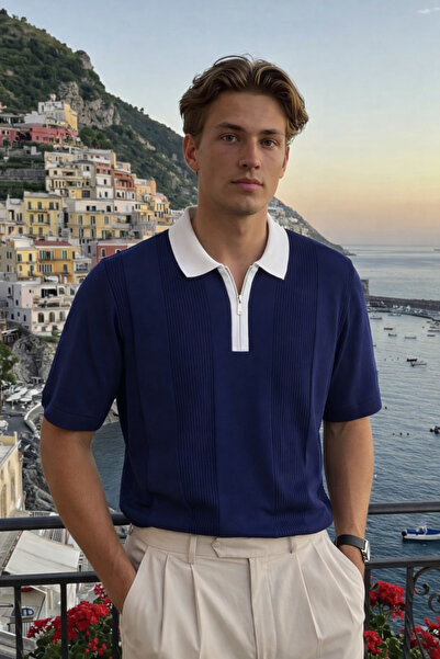 DAMGA JEANS Erkek Fermuarlı Çizgili Triko Lacivert Polo Yaka T Shirt