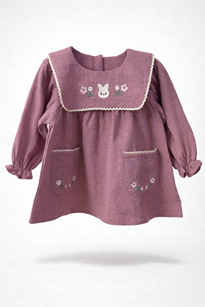Pufiko Kids Embroidery Detailed Linen Baby Girl Dress with Pockets