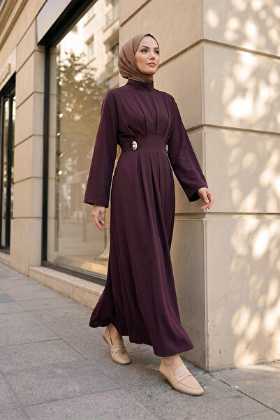 MODAQU Belt Piece Pleated Detailed Long Dress - Burgundy