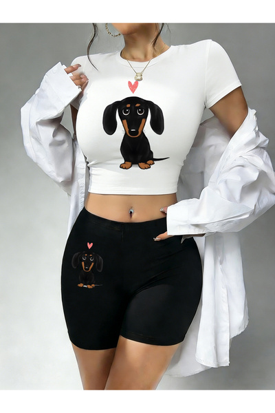 NOISSEY Daily Dachshund Heart cu imprimeu Babby Tee și pantaloni scurți Set d...