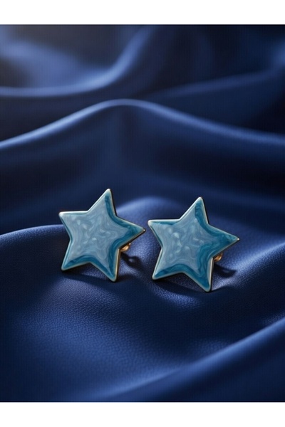 ahsenaksesuar2025 Blue Star Enamel Wave Patterned Minimal Earrings - Steel Do...