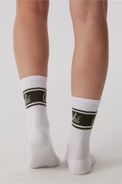 Oishii Rei Spor Socks Dark Olive Handwritten Pattern