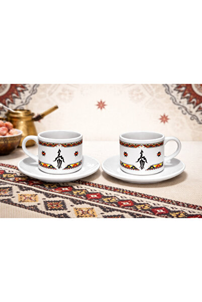 TEDİKS 2 Kişilik Porselen çay Kahve Fincan Seti – Etnik Motifli Fincan, Tabak...