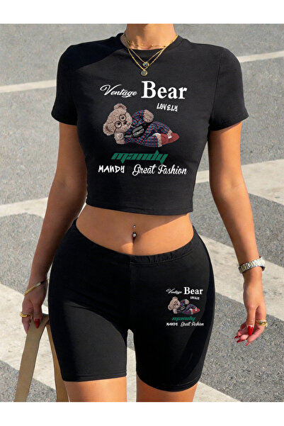 NOISSEY Summer Lovely Bear Cartoon Prints Crop T-Shirt Shorts Women Two Piece...
