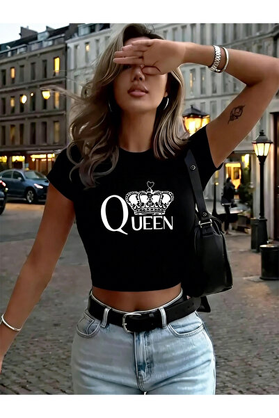 NOISSEY Tricouri Crop cu imprimeuri Queen Crown, de vară, moi, cu elasticitat...