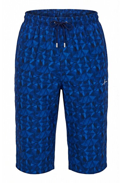 Haşema Geometric Patterned Blue Long Men's Pool and Sea Shorts 6008