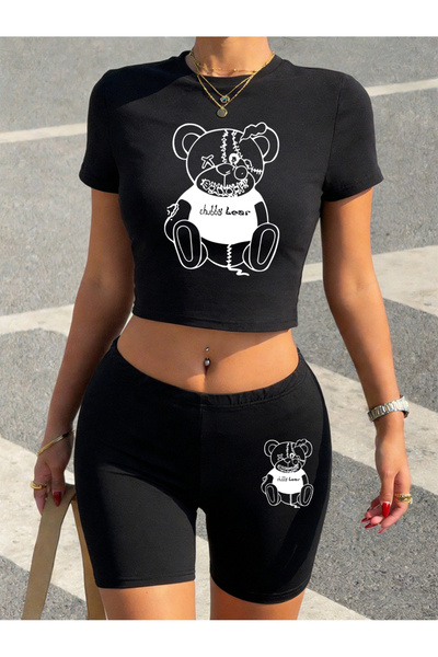 NOISSEY Καλοκαιρινό ροζ Teddy Bear με τύπωμα Babby TeeT-shirt και σορτς Γυναι...