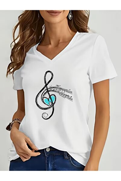 H&GHAMLEGİYİM Printed T-Shirt. Short Sleeve V-Neck Summer & Spring Casual Top...