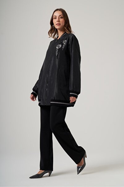 Nuss 6038 Taş Detaylı Fermuarlı Kap – Siyah