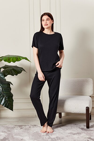 sevateks Kadın %100 Pamuklu Fitilli Pijama Takımı - Kısa Kollu Ribanalı Yumuşak Dokulu Loungewear