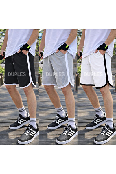Duples Erkek 2 İplik Penye Siyah Beyaz Gri 3'lü Biyeli Erkek Şort