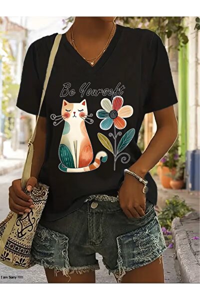 H&GHAMLEGİYİM με τύπωμα Μπλουζάκι. Κοντομάνικο μπλουζάκι με λαιμόκοψη V για κ...